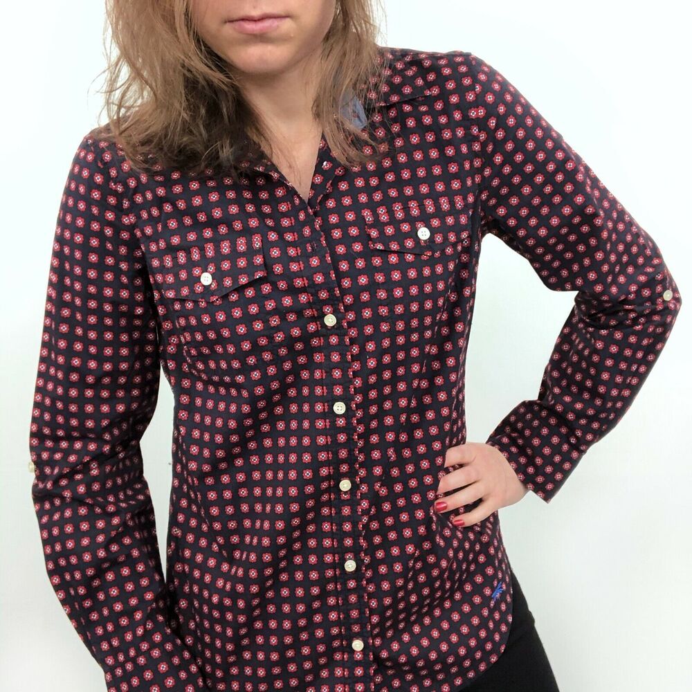 Talbots Red Navy Tiny Floral Print Button Up Shirt Women's Size 2 Roll Tab